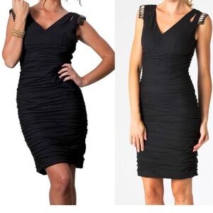 JS Collections black ruched cocktail dress women’s 8 beaded hardware